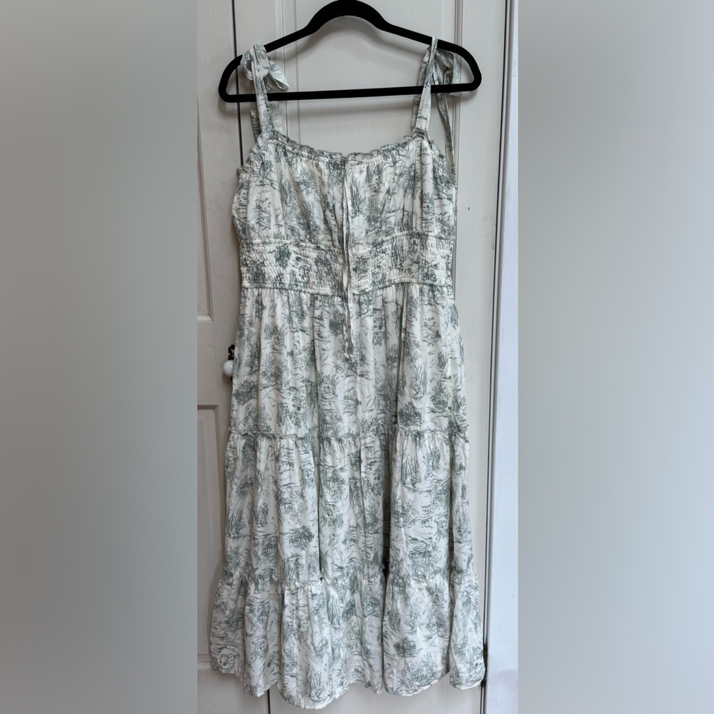 Francesca’s Toile Midi Dress XL Cottagecore Tiered Smocked Waist Tie Strap NWT